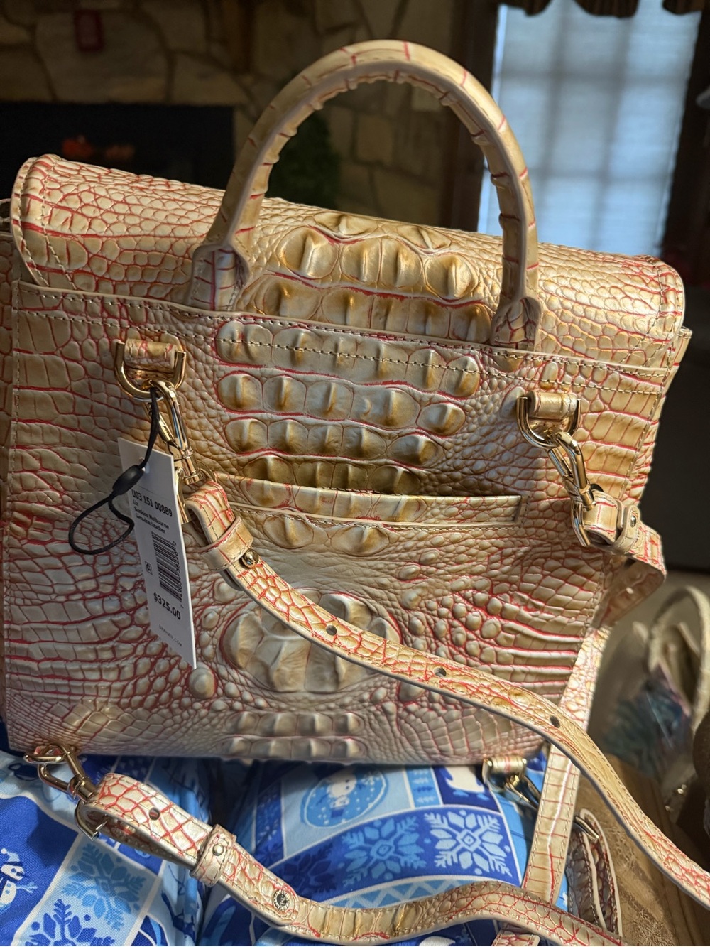 Croc-Embossed Satchel in Cream with Red Trim